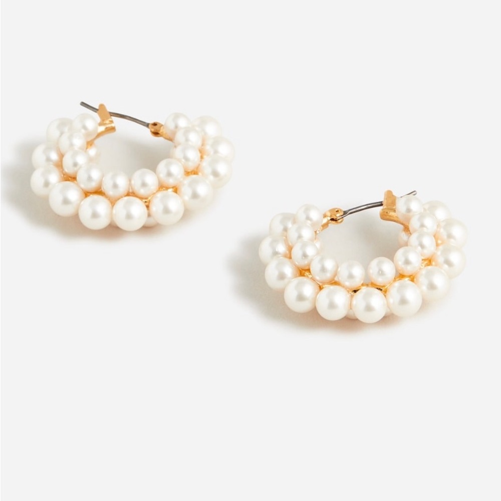 J Crew Layered mini hoop earrings, gold and pearl